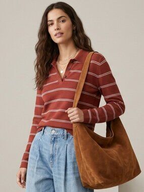VINCE Striped Italian Cotton Piqué Polo Sweater Brick Rose Medium NWT $268